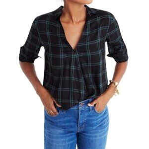 Madewell Wrap-Front Shirt Palma Plaid‎ Old Vine Size XS Green Blue Flannel Top